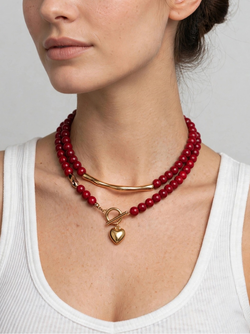 Red Beaded Double-Strand Necklace with Toggle Gold Heart Charm
